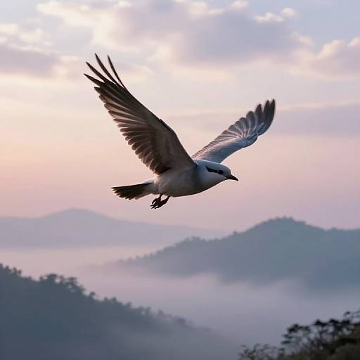 Photograph of a seagull in mid-flight against a pastel-colored sky with misty mountains and clouds in the background.