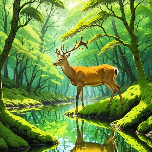 Golden Deer in Lush Serene Forest Golden Deer in Lush Serene Forest