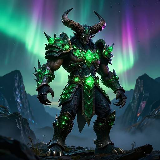 Digital artwork of a muscular, horned demon warrior in glowing green armor, standing in a misty, mountainous landscape with vibrant auroras.