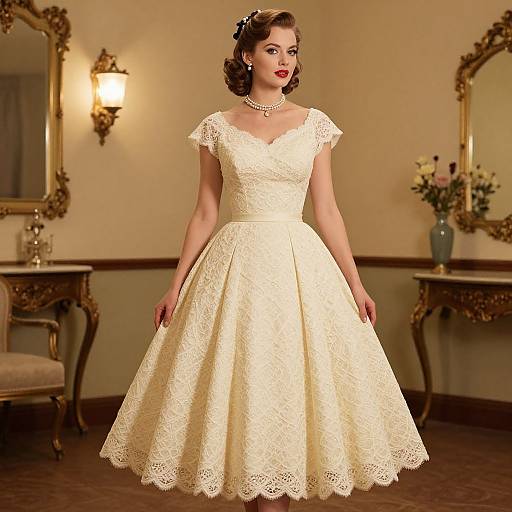 Photograph of a vintage-style, fair-skinned woman with short, dark blonde hair in a 1950s-inspired, white lace wedding dress,