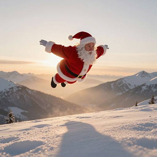 Photograph of Santa Claus mid-jump in a snowy mountain landscape at sunset, wearing a red suit with white trim, black belt, and black boots