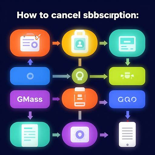 Digital flowchart diagram showcasing a colorful, glowing, step-by-step process for canceling subscription, with labeled, neon-colored buttons and arrows.