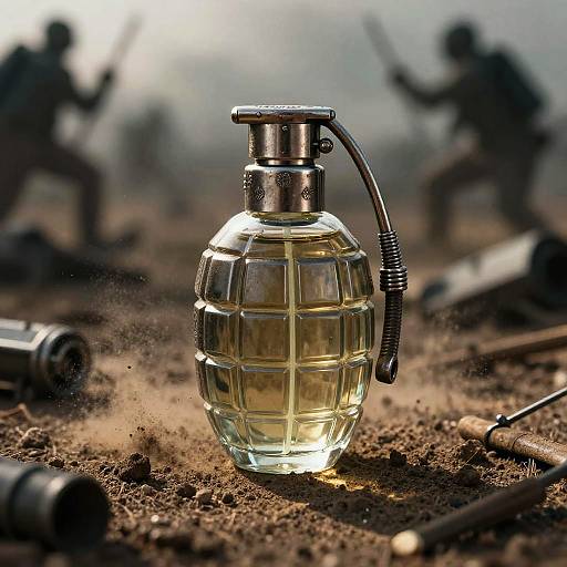 Photograph of a clear, glass grenade filled with liquid, surrounded by scattered dirt, guns, and blurred silhouettes of armed figures.