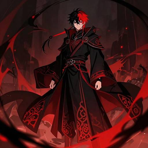 Digital anime-style illustration of a black-haired, red-eyed man with a dual-colored hair, wearing a dark, ornate robe, standing in a fiery