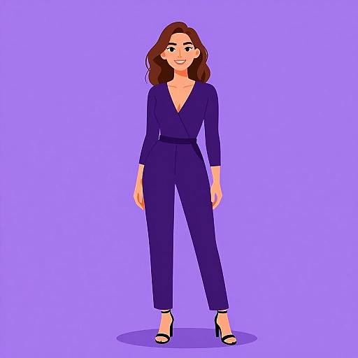 Digital illustration of a smiling woman with brown hair in a deep purple jumpsuit and black heels, standing against a solid purple background.