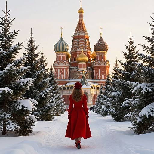 Photograph of a woman in a red coat and hat, standing in snow, facing the colorful, snow-covered spires of the Kremlin.