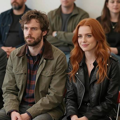 Serious Man and Smiling Woman in Crowd