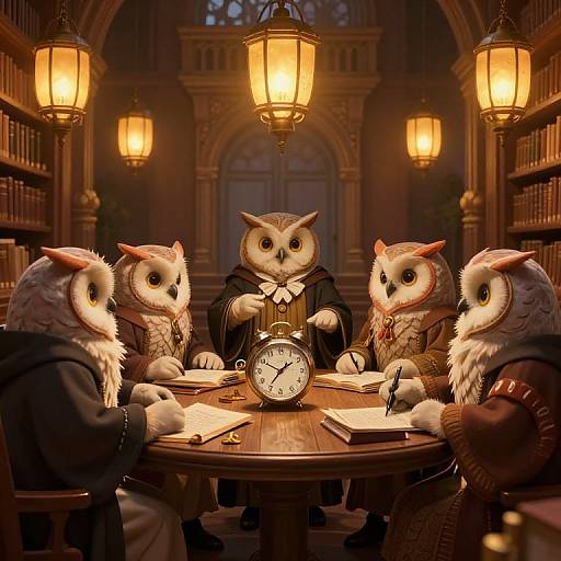 Photograph-style digital artwork of four anthropomorphic owls in suits, seated at a wooden table in a dimly lit, elegant library, writing documents