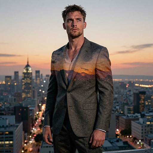 Photograph of a handsome, bearded man in a gray suit with a sunset and cityscape pattern, standing on a rooftop at twilight, with a