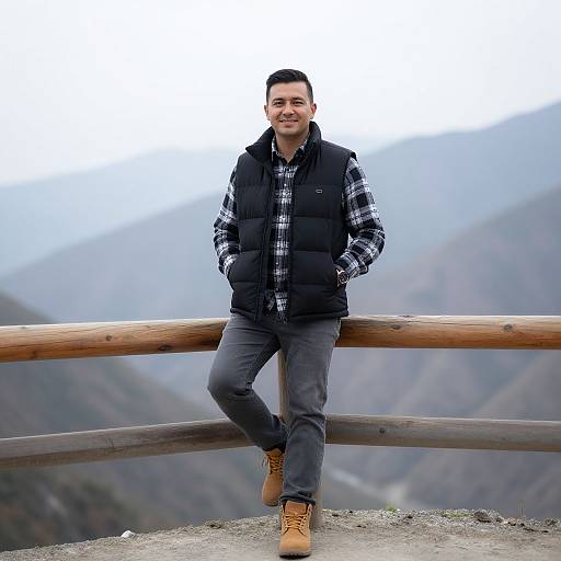 Photograph of a smiling man with short dark hair, wearing a black puffer vest, plaid shirt, grey pants, and tan boots, leaning