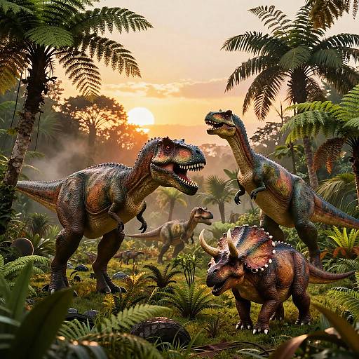 Dinosaurs in Prehistoric Jungle at Sunset