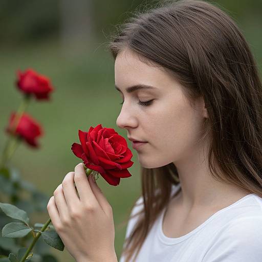 Young Woman Enjoying Red Roses