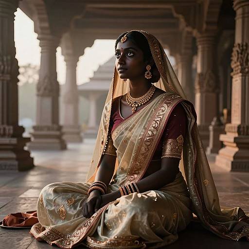 Indian Princess in Traditional Sari at Temple