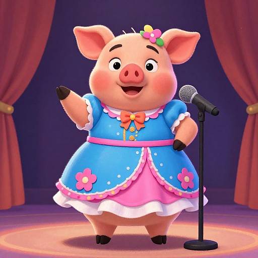 CGI cartoon piglet performing on stage, wearing a blue dress with pink flowers, orange bow, and microphone stand in front.