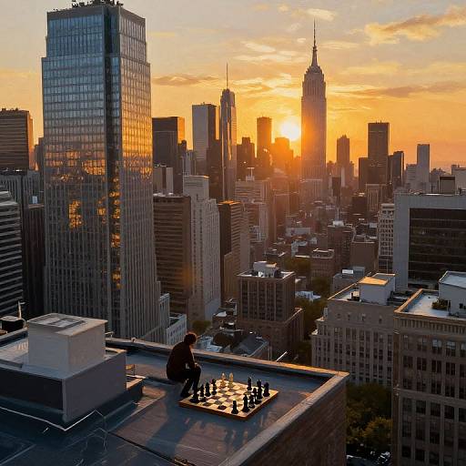 Impressionist Sunset Cityscape with Chess Player