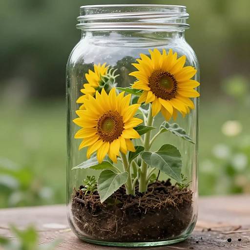 Photograph of two vibrant yellow sunflowers with green leaves, growing in a clear glass jar filled with dark soil, set against a blurred green outdoor background