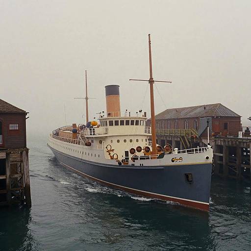 Vintage Steamship in Foggy Victorian Harbor