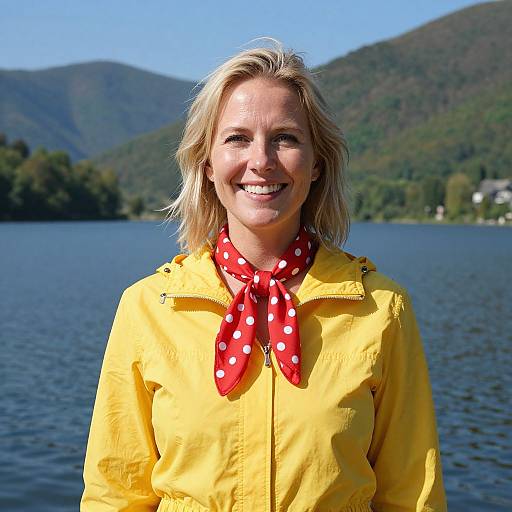 Photograph of a smiling blonde woman with shoulder-length hair, wearing a yellow rain jacket and red polka dot scarf, standing by a calm lake with