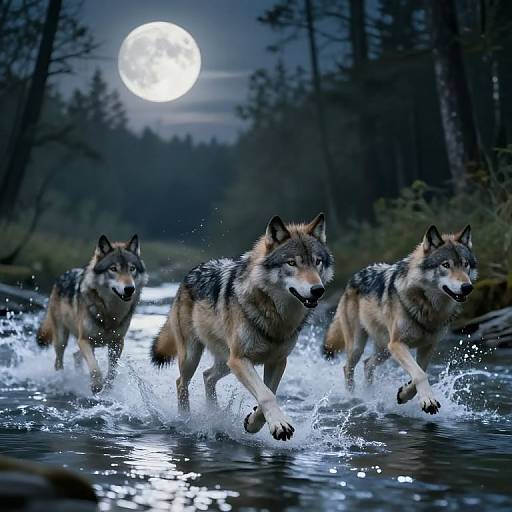 Photograph of three wolves with gray, black, and brown fur running through a moonlit forest stream, creating splashes under a bright full moon.