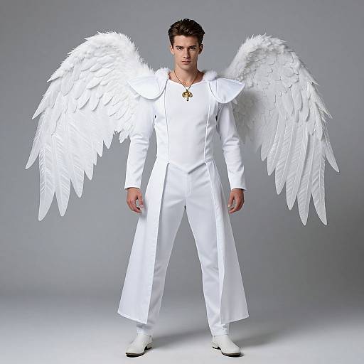 Photograph of a dark-haired man with white angel wings, wearing a white suit, gold necklace, and white shoes, standing against a gray background.