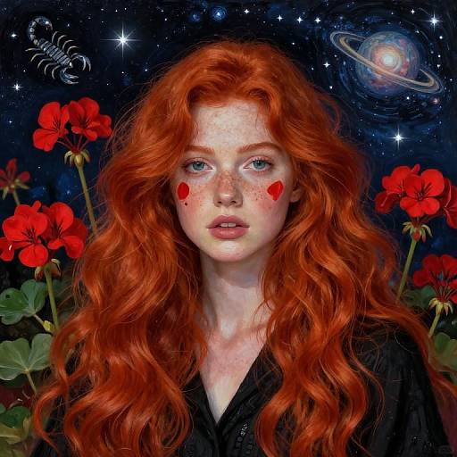 Fiery Redhead Amid Cosmic Geraniums