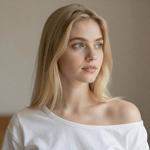 Young Blonde Woman in White Off-Shoulder Top