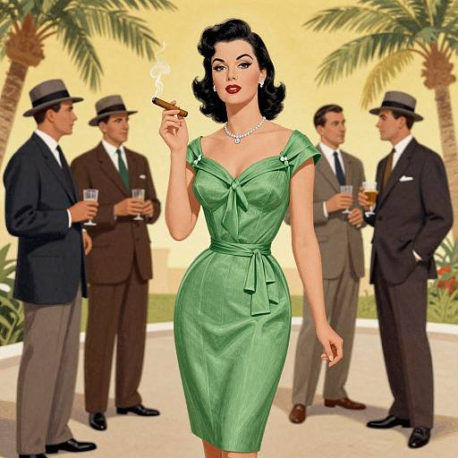 Vintage digital illustration: Curvy woman in green dress and pearl necklace, smoking cigar, stands confidently among four men in suits and hats, palm trees in