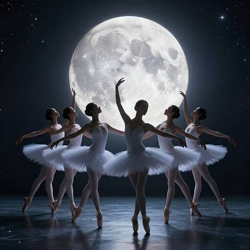 Silhouetted ballerinas in white tutus, arms raised, stand against a glowing full moon in a starry night sky on a stage