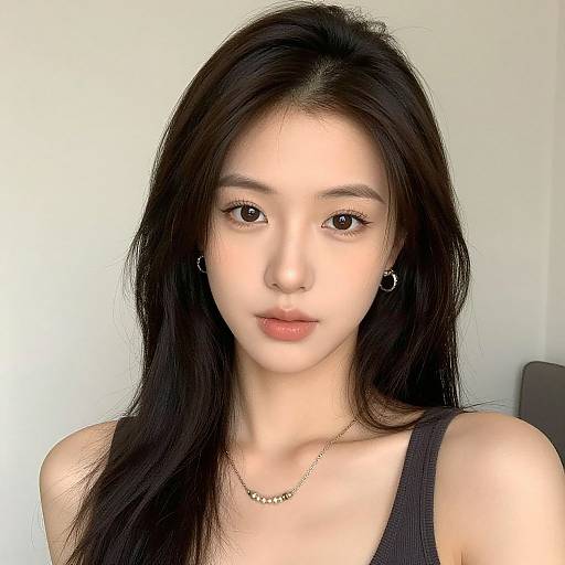 Photograph of an Asian woman with long black hair, fair skin, wearing a black tank top, hoop earrings, and a delicate necklace, against a