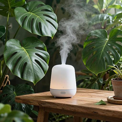 Photograph of a white, steam-emitting electric heater on a wooden table, surrounded by large, lush green monstera leaves in a sunlit