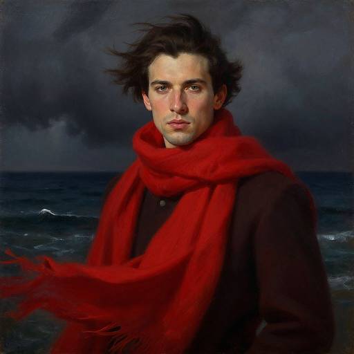 Photorealistic painting of a serious, pale-skinned man with dark hair, wearing a vibrant red scarf against a stormy, dark ocean background.