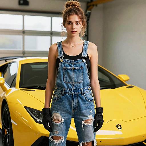 Photograph of a young woman with light brown hair in a bun, wearing blue denim overalls, black tank top, and gloves, standing in front