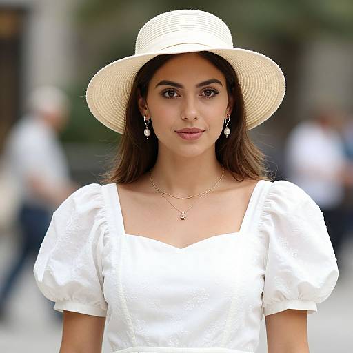Photograph of a young woman with olive skin, dark brown hair, and brown eyes, wearing a white sunhat, white blouse, and silver jewelry