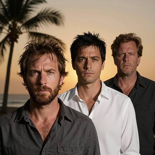 Three Men with Intense Expressions at Sunset