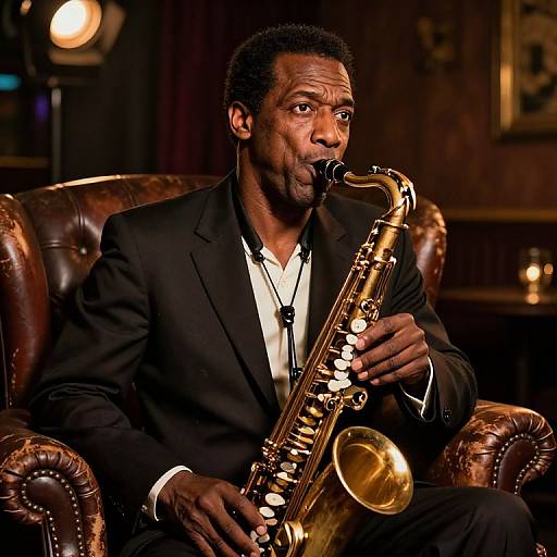 Photograph of a Black man in a black suit, white shirt, playing a golden saxophone in a dimly lit, brown-leather armchair