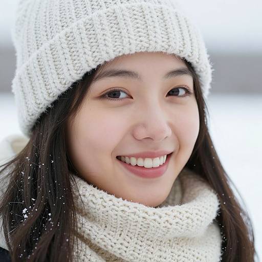 Close-up photograph of a smiling Asian woman with fair skin, wearing a white knitted hat and matching scarf, set against a snowy background.