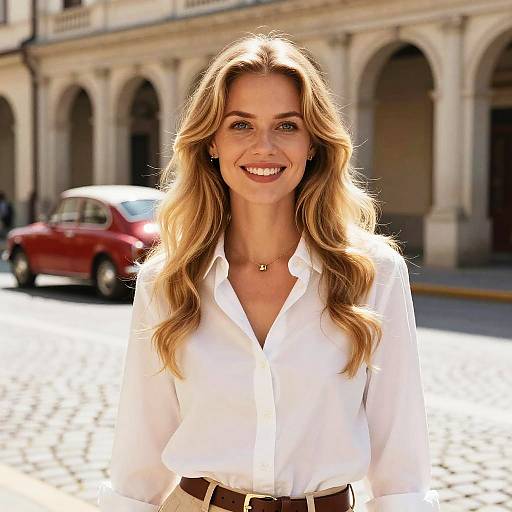 Smiling Blonde Woman by Vintage Car