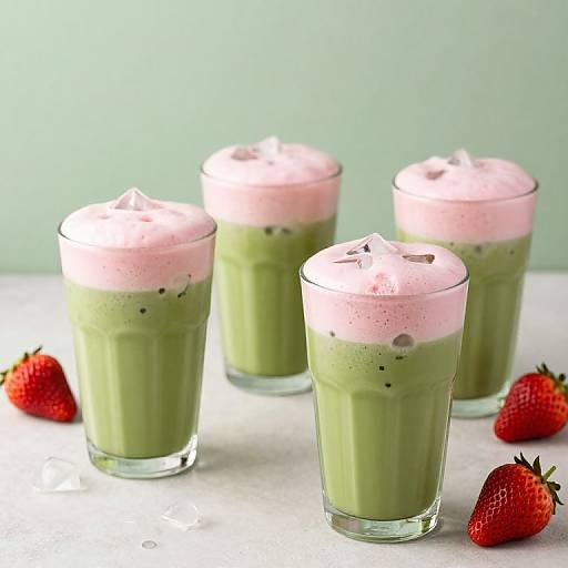 Photograph of three green smoothies with pink whipped cream tops, small black chia seeds, and three red strawberries on a white surface.