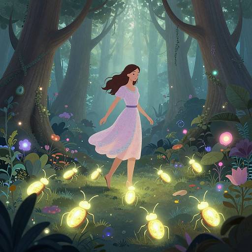 Digital illustration of a woman in a flowing white dress, walking through an enchanted forest illuminated by glowing fireflies and vibrant flowers.