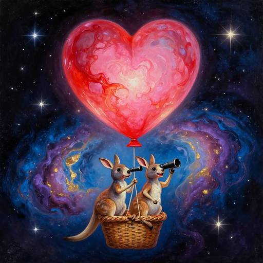 Digital artwork of two anthropomorphic kangaroos in a wicker basket, one with binoculars, floating in space, tethered to a glowing