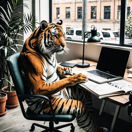 Tiger Working at Laptop in Cozy Office