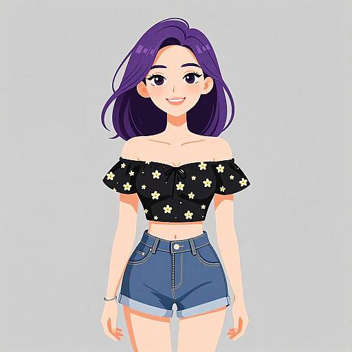 Digital anime-style drawing of a smiling young woman with purple hair, wearing a black off-shoulder floral top and blue denim shorts.