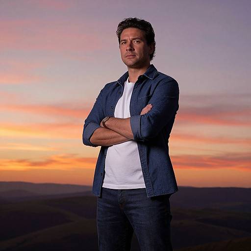 Photograph of a confident man with dark curly hair, wearing a denim shirt over a white t-shirt, standing with arms crossed against a vibrant sunset sky