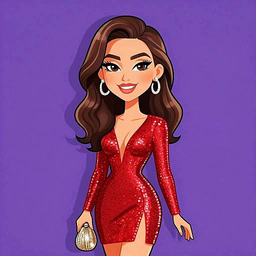 Cartoon-style digital illustration of a confident woman with long brown hair, wearing a sparkling red dress, large white earrings, and holding a small purse,