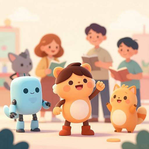 CGI illustration of cute, chibi-style characters: a brown bear, blue robot, and orange dog in front of blurred, smiling humans. Bright