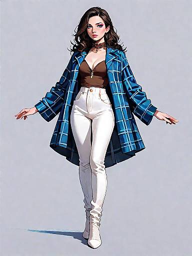 Stylish Woman in Blue Plaid Cape Jacket