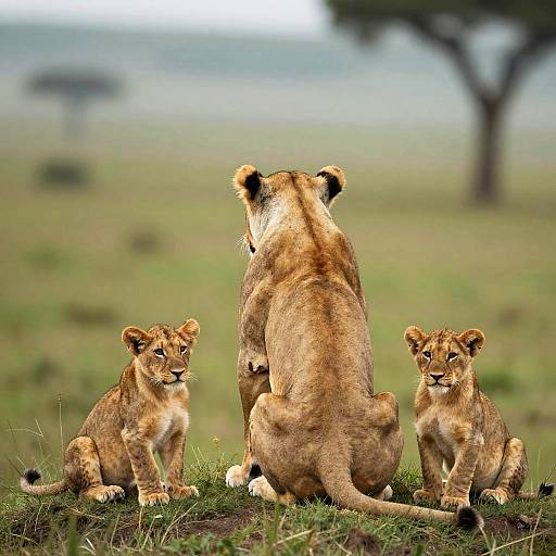 Lioness with Cubs on Grassy Hill