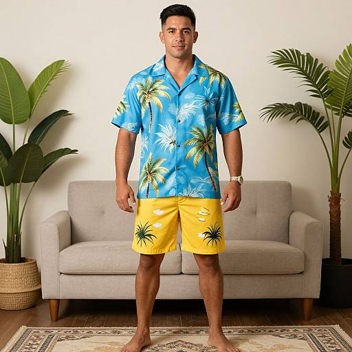 Photograph of a muscular, tan-skinned man with short black hair, wearing a blue floral shirt and yellow shorts, standing barefoot in front of