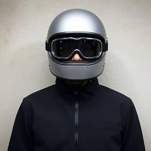 Photograph of a person in a silver motorcycle helmet and black sunglasses, wearing a black jacket, against a plain white wall.
