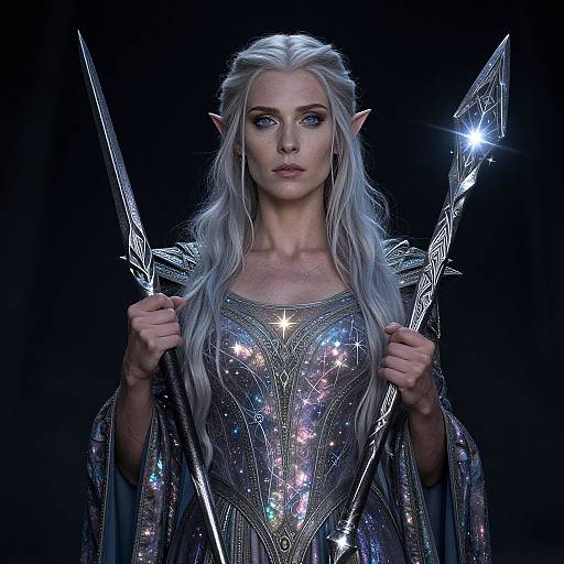 Digital artwork of a white-haired, elf-like woman with pointed ears, wearing a shimmering, star-patterned dress, holding two glowing crystal spears